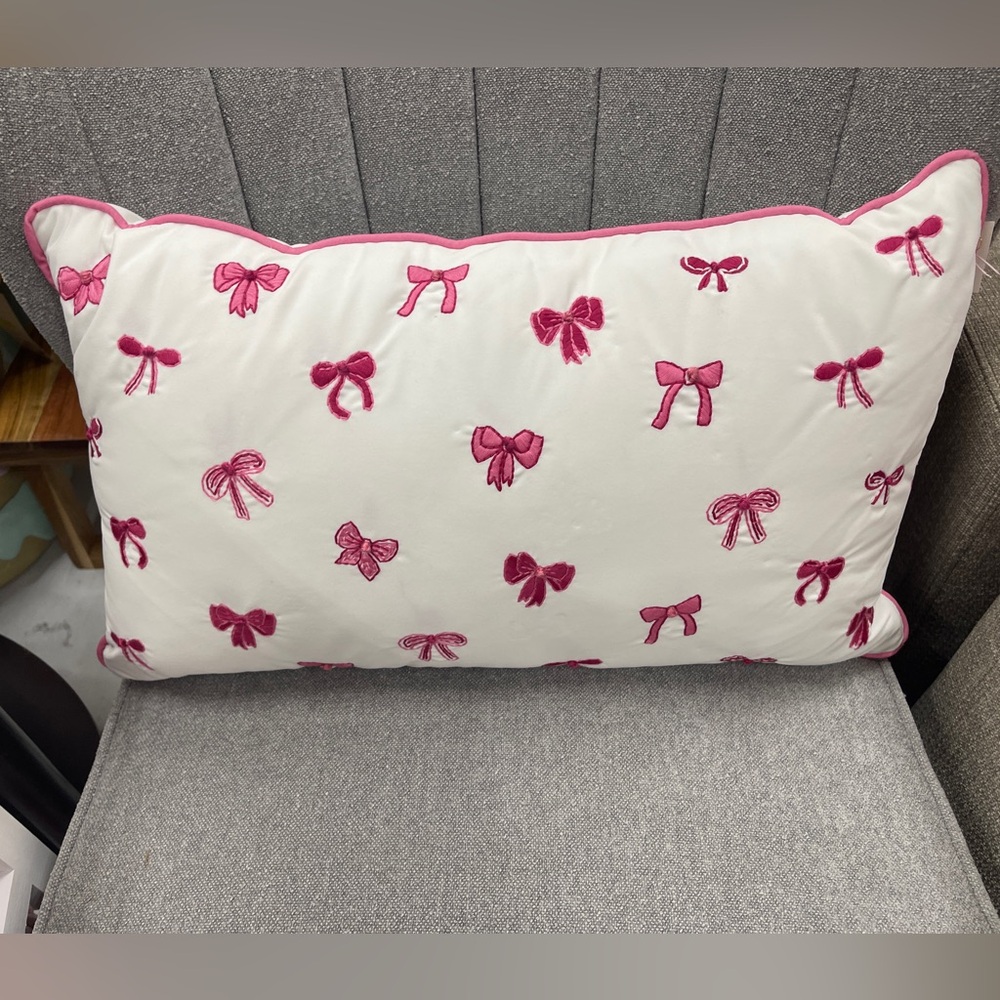 Pink Ribbon Bow Embroidered Faux Velvet Decorative Pillow Coquette NWT